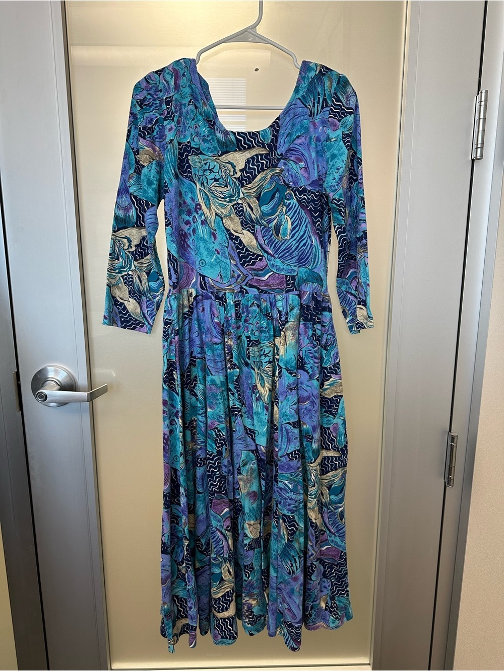 vintage 1980s Lanz Originals fish print midi blue purple dress size large - Picture 4 of 12